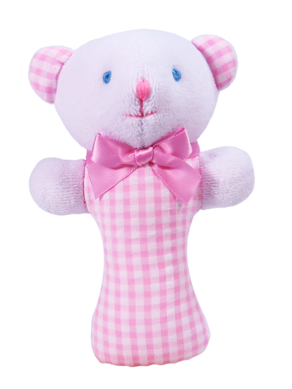 pink seersucker check bear baby rattle designed and sold by kate finn
