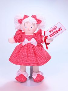 First Birthday 21cm Rag Doll Red Designed and Sold by Kate Finn Australia