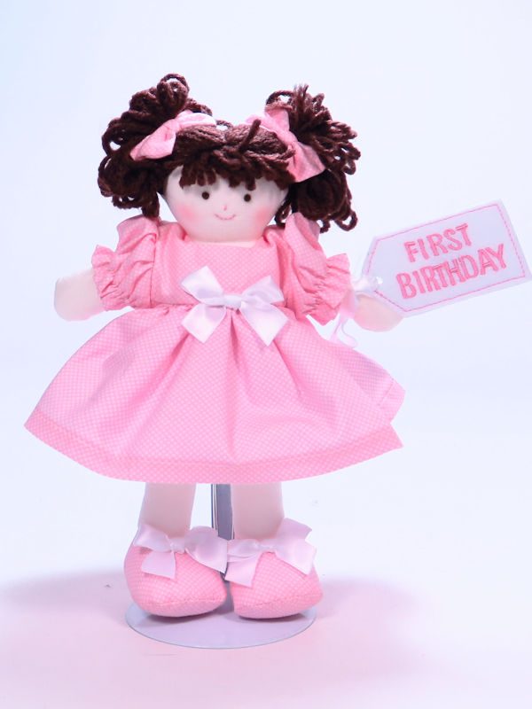 First Birthday 21cm Rag Doll Pink Brunette Designed and Sold by Kate Finn Australia